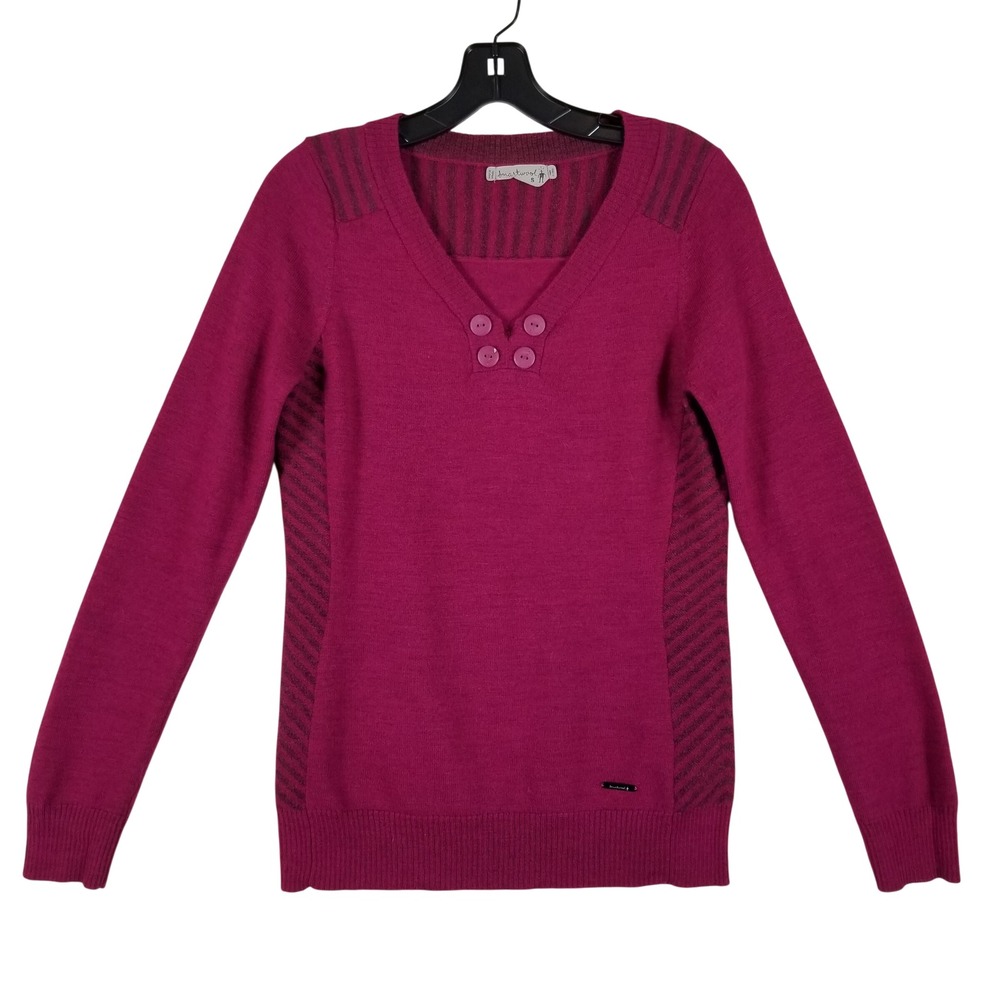 Smartwool Pullover Sweater‎ Womens Small Magenta 100% Merino Wool V-Neck Button